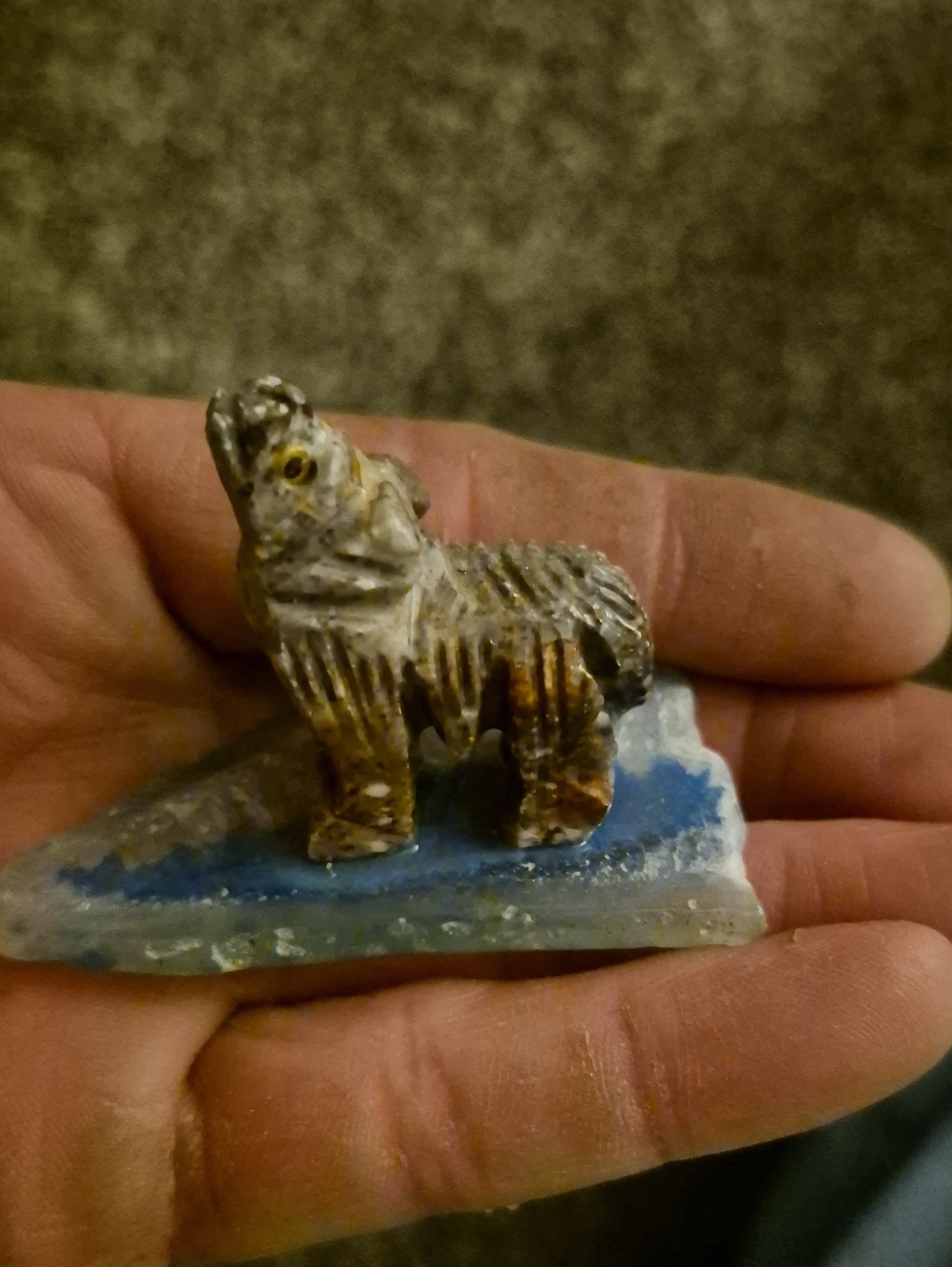 Handcrafted Brown and White Wolf Figurine on Blue Base